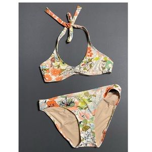 J. Crew Tropical Floral Ruched Halter Bikini Top Bottom Swim Suit Orange…